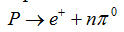A proton in theory decays into a positron and n neutral pions.